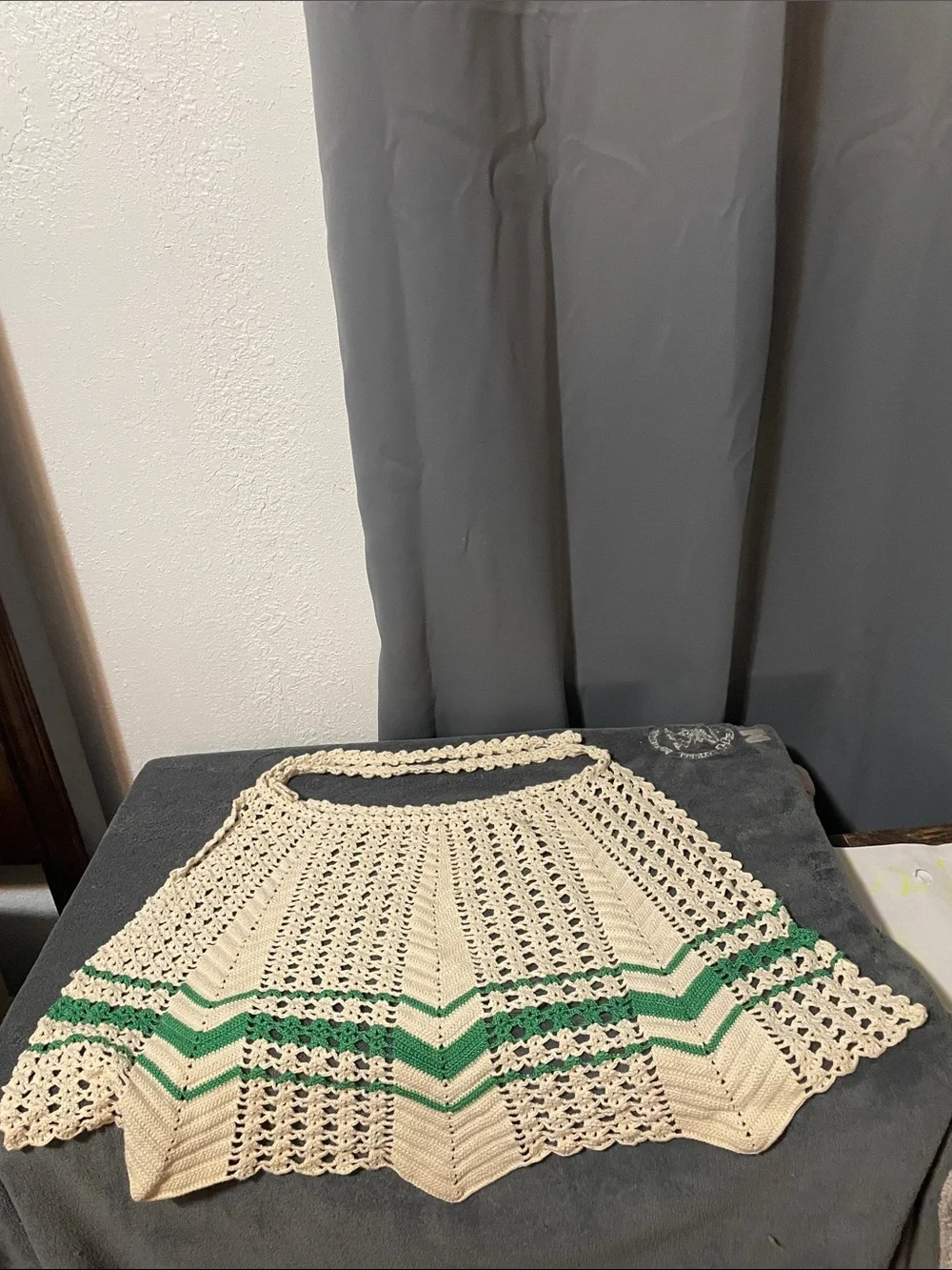 Cream Crochet Apron with Green Stripe Accent - Women's Accessory